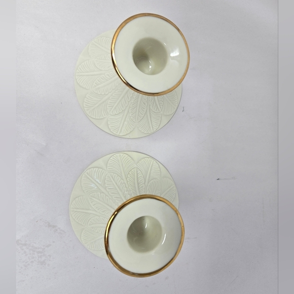 Lenox Monticello Candle Stick Holder Feather Leaf Design Gold Rim Classic Look - Picture 4 of 10